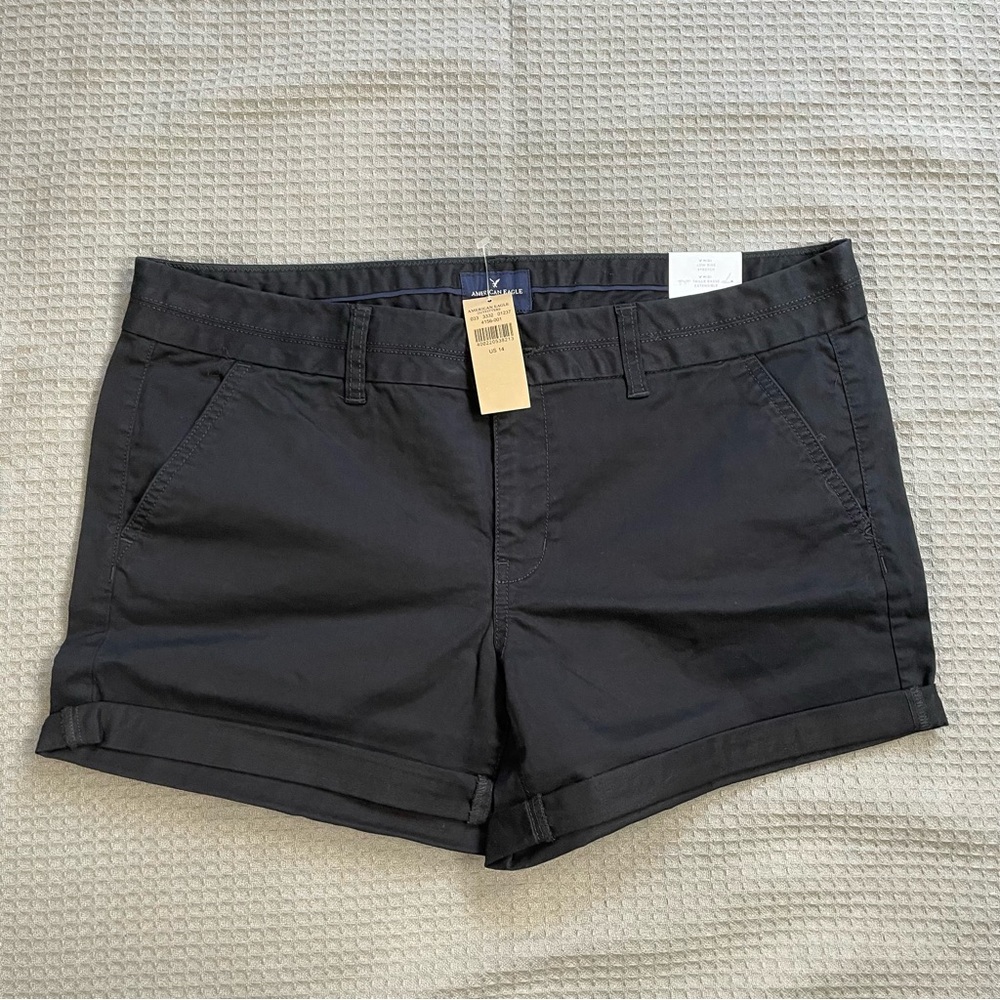 New American Eagle Midi Chino Shorts 14 Womens‎ Low Rise Stretch Black